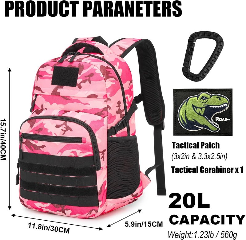 SunForMorning Kids Tactical Backpack Army Molle Bookbag Military Boys Backpack for School, Outdoor, Camping (Includes 2 Patches+1Carabiner), Pink CM - Image 2
